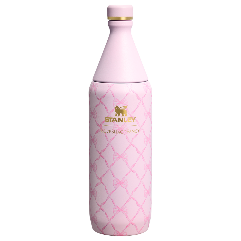 Stanley 1913 Stanley 1913 x LoveShackFancy Holiday All Day Slim Bottle 34 OZ in Baby Bow Pink Peppermint | Front View