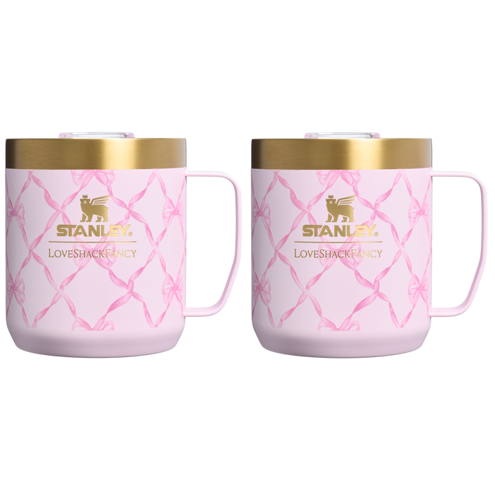 Stanley 1913 Stanley 1913 x LoveShackFancy Holiday Everyday Camp Mug Set 12 OZ in Baby Bow Pink Peppermint | Front View