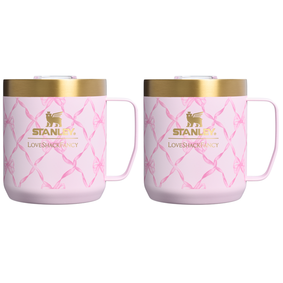 Stanley 1913 Stanley 1913 x LoveShackFancy Holiday Everyday Camp Mug Set 12 OZ in Baby Bow Pink Peppermint | Front View