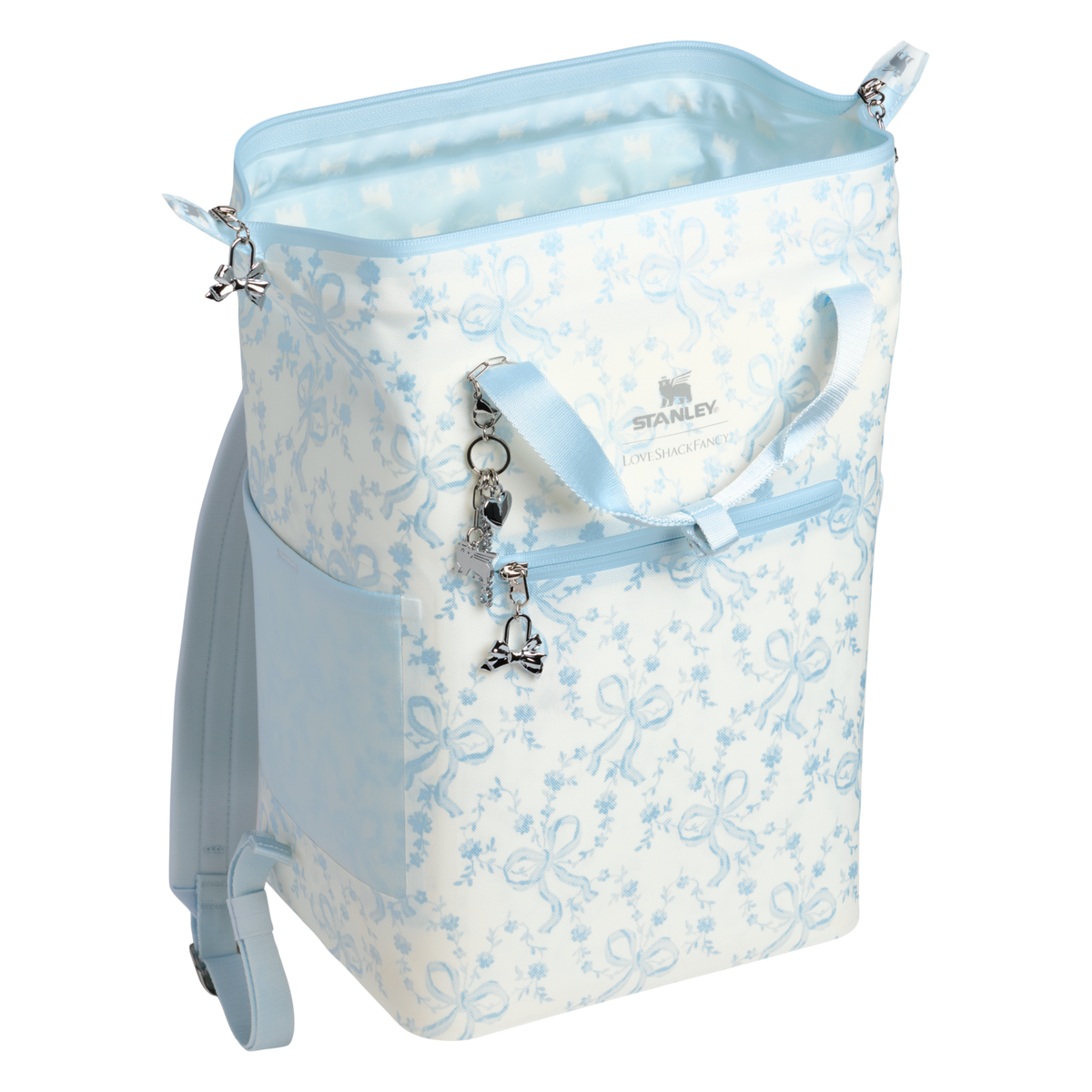 Stanley 1913 Stanley 1913 x LoveShackFancy Holiday All Day Madeleine Mini Cooler Backpack 20 Can 14 QT 13.2 L in Coquette Bow Winter Ice | Open View