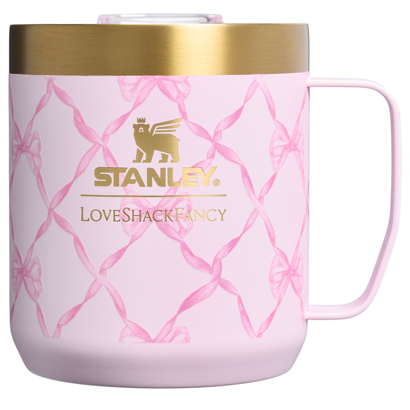 Stanley 1913 Stanley 1913 x LoveShackFancy Holiday Everyday Camp Mug Set 12 OZ in Baby Bow Pink Peppermint | Front View