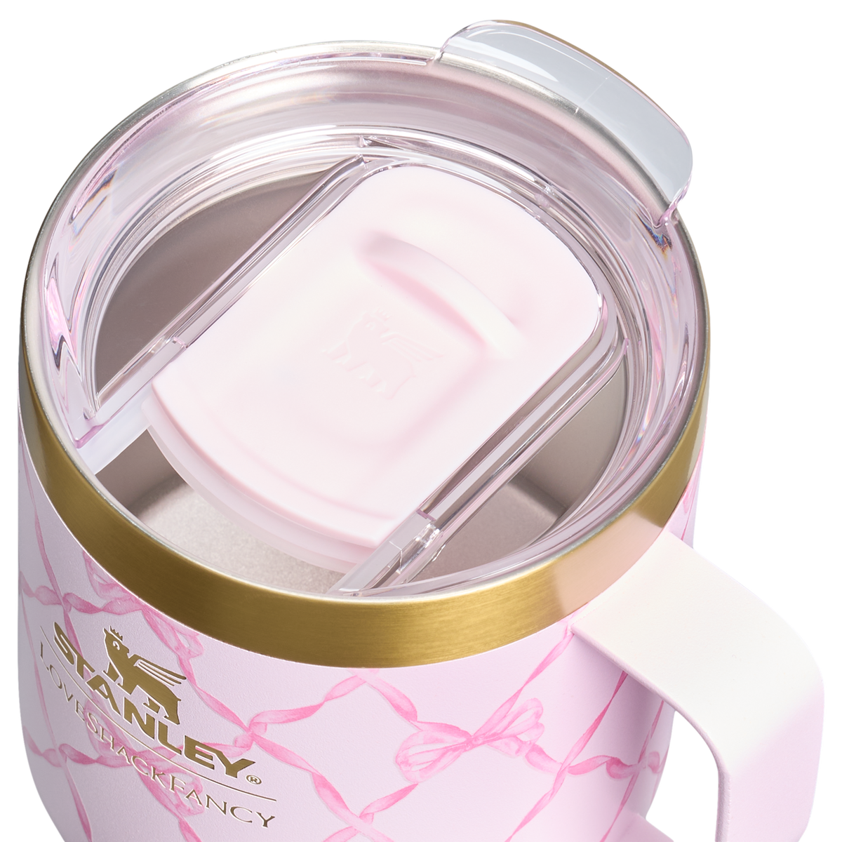 Stanley 1913 Stanley 1913 x LoveShackFancy Holiday Everyday Camp Mug Set 12 OZ in Baby Bow Pink Peppermint | Lid Detailed View