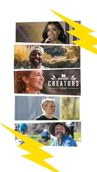 Five diverse creators in stacked photo strips with yellow lightning bolts and Stanley 1913 Creators Fund logo